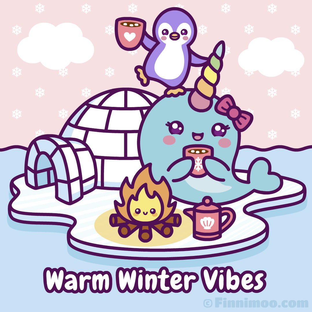 Adorable Narwhal And Penguin On Igloo Ice Floe Enjoy Campfire And Hot Chocolate